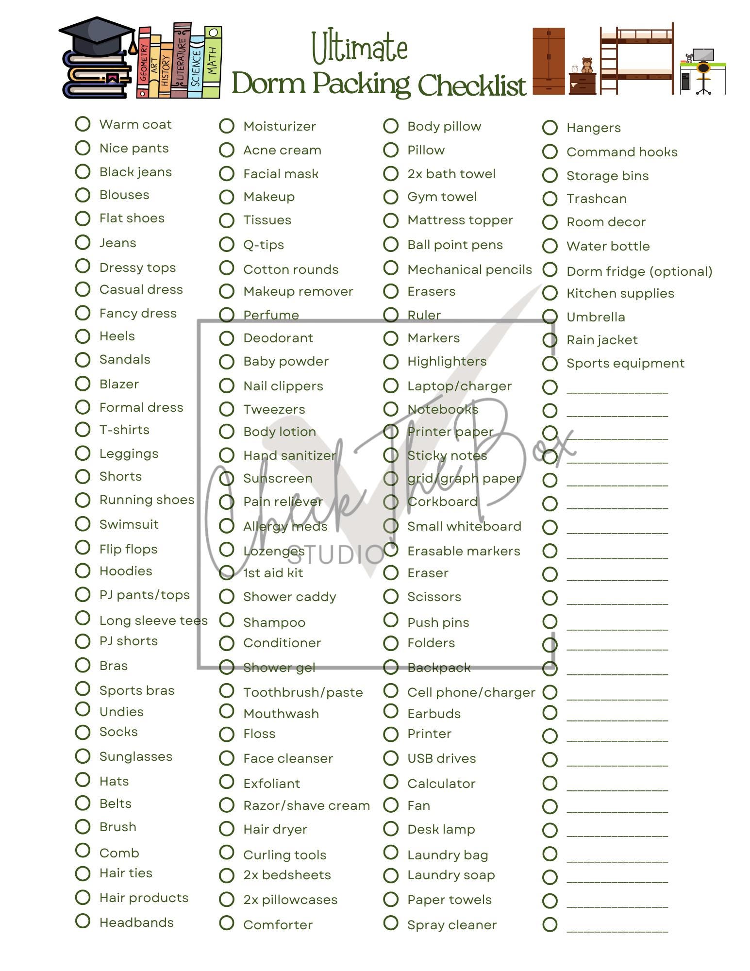 Ultimate College Dorm Packing List Printable | Essential Checklist for ...