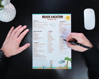 Lista de equipaje imprimible para vacaciones en la playa / Lista de artículos esenciales para viajar / Planificador de viajes en solitario / Descarga instantánea