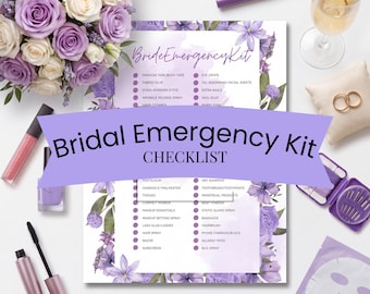May include: A printed checklist titled Bridal Emergency Kit with a purple floral border. The list includes items like fashion tape, eye drops, and mints. Surrounding the paper are makeup items, a glass of champagne, two gold rings, and a sewing kit.