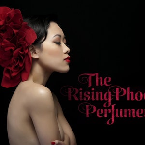 Op de afbeelding: Een vrouw met een rode bloemenkrans in haar haar, die naar de zijkant kijkt. De tekst "The Rising Phoenix Perfumery" staat in de rechterbenedenhoek van de afbeelding.