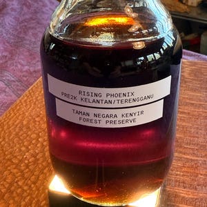 May include: A clear glass jar filled with a dark reddish-purple liquid. The jar features two white labels with black text reading RISING PHOENIX, PRE2K KELANTAN/TERENGGANU, and TAMAN NEGARA KENYIR FOREST PRESERVE. The jar sits on a small illuminated base.