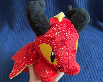 Red Dragon Plush with Black Horns and Yellow Wings