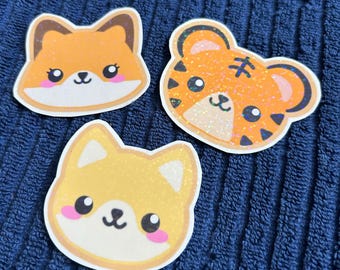 Cute Animal Stickers with Glitter - Fox, Tiger, and Dog