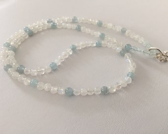 Aquamarine, moonstone and crystal quartz necklace