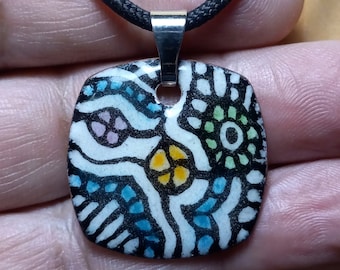 Enamel Pendant, Hand Painted Abstract Black and White Zentangle, Neuro Art Copper Enamel Blue Green Orange Pink Pendant Necklace