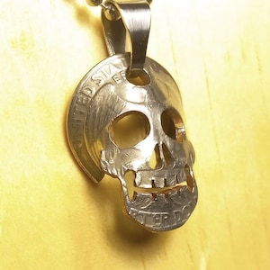 SKULL US QUARTER Hand Cut Skull Coin Handmade Skeleton Charm Halloween Pendant Necklace