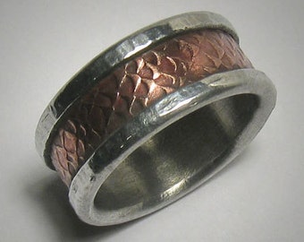 Men's wedding band - Copper silver rustic textured custom handmade mens wedding commitment promise ring