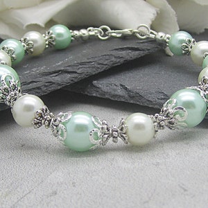 Mint and Ivory Bridesmaid Bracelet, Pearl Wedding Jewellery, Pale Green Bracelet, Mint Wedding, Bridesmaid Gift, Jewellery Sets image 1