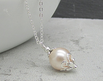 Blush Bridesmaid Sets, Simple Wedding Jewellery, Blush Pearl Drop Pendant, Bridal Party Gifts, Pearl Bridal Necklaces,