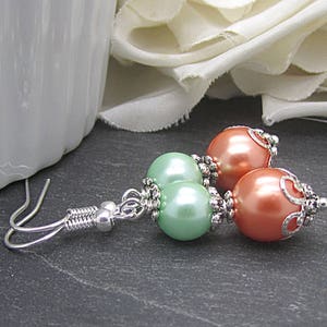 Coral Mint Pearl Drop Earrings, Peach Green Bridesmaid Jewellery, Mint Wedding, Bridesmaid Gifts, Pearl Dangles image 1