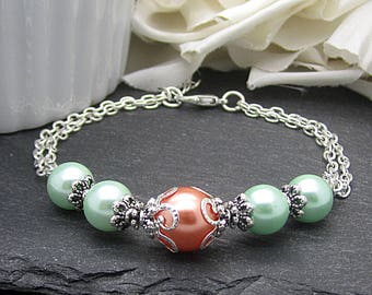 Peach Mint Pearl Bracelet, Coral Green Bridesmaid Jewellery, Mint Wedding, Bridesmaid Gifts, Pearl Wedding Bracelet