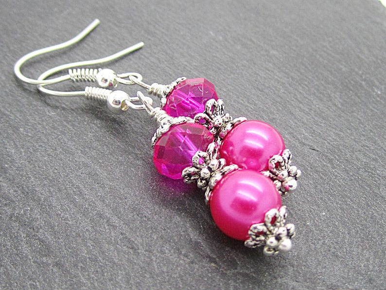 Bright Pink Bridesmaid Earrings, Hot Pink Bridal Jewellery, Pearl Drop Earrings, Fushia Bridesmaids, Pink Bridesmaid Sets, Bridal Party Gift 画像 4