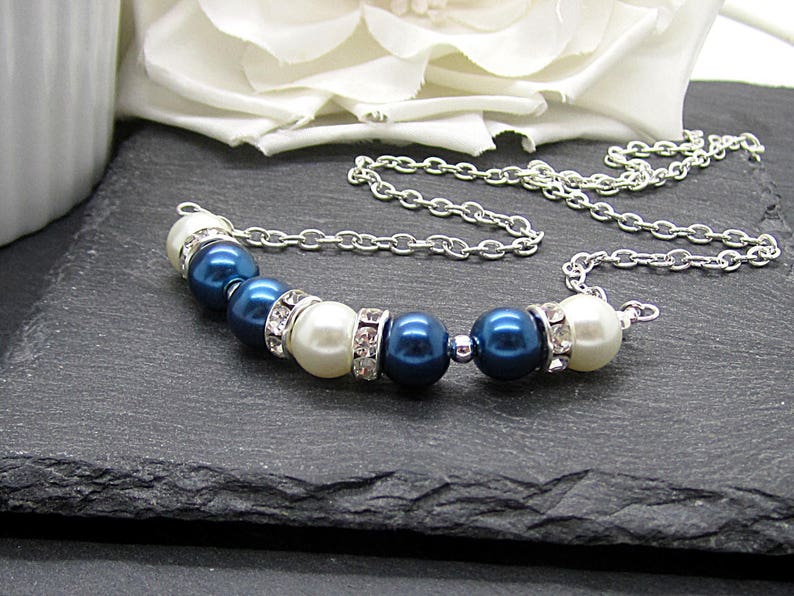 Navy Pearl Bridesmaid Necklace, Ivory and Navy Wedding Jewellery, Dark Blue Bridesmaid Sets, Matching Bridal Jewellery, Bridal Party Gifts, image 3