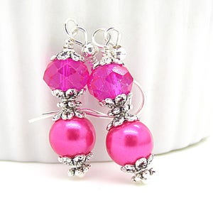 Bright Pink Bridesmaid Earrings, Hot Pink Bridal Jewellery, Pearl Drop Earrings, Fushia Bridesmaids, Pink Bridesmaid Sets, Bridal Party Gift image 6