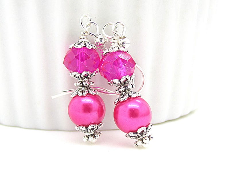 Bright Pink Bridesmaid Earrings, Hot Pink Bridal Jewellery, Pearl Drop Earrings, Fushia Bridesmaids, Pink Bridesmaid Sets, Bridal Party Gift 画像 6