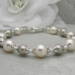 Taupe and Ivory Bridesmaid Bracelet, Taupe Wedding Pearl Jewellery, Beige Bridal Bracelets, Matching Pearl Sets, Platinum and Cream Rose image 6