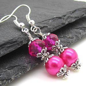 Bright Pink Bridesmaid Earrings, Hot Pink Bridal Jewellery, Pearl Drop Earrings, Fushia Bridesmaids, Pink Bridesmaid Sets, Bridal Party Gift 画像 1