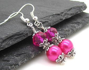 Demoiselle d’honneur rose lumineux boucles d’oreilles, bijoux de mariée rose chaud, boucles d’oreilles perle, Fushia demoiselles d’honneur, rose jeux de demoiselle d’honneur, cadeau de fête mariage