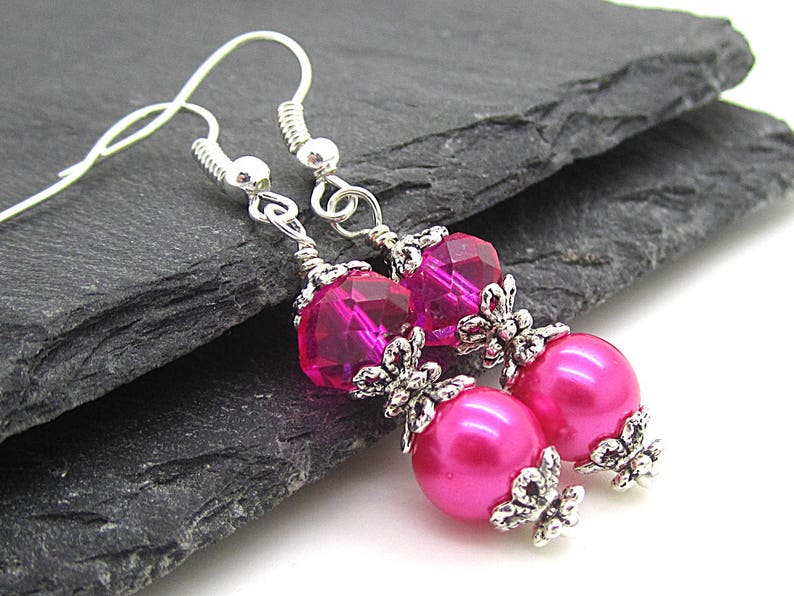 Bright Pink Bridesmaid Earrings, Hot Pink Bridal Jewellery, Pearl Drop Earrings, Fushia Bridesmaids, Pink Bridesmaid Sets, Bridal Party Gift 画像 1