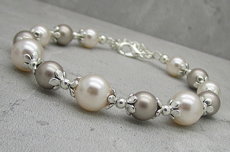 Taupe and Ivory Bridesmaid Bracelet, Taupe Wedding Pearl Jewellery, Beige Bridal Bracelets, Matching Pearl Sets, Platinum and Cream Rose image 2