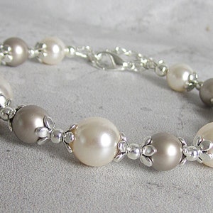 Taupe and Ivory Bridesmaid Bracelet, Taupe Wedding Pearl Jewellery, Beige Bridal Bracelets, Matching Pearl Sets, Platinum and Cream Rose image 3