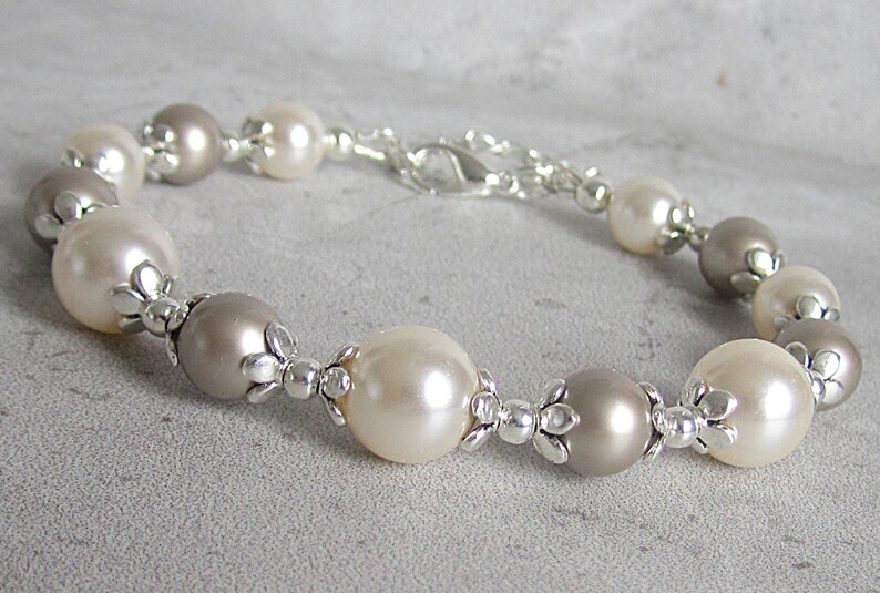 Taupe and Ivory Bridesmaid Bracelet, Taupe Wedding Pearl Jewellery, Beige Bridal Bracelets, Matching Pearl Sets, Platinum and Cream Rose image 3