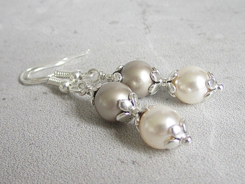 Taupe and Ivory Pearl Bridesmaid Earrings, Beige Wedding Jewellery, Pearl Bridal Earrings, Pearl Drops, Matching Wedding Sets, Cream Rose image 9