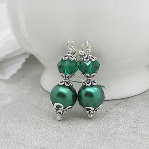Emerald Green Pearl and Crystal Bridesmaid Earrings, Forest Wedding Jewellery, Dark Green Pearl Drops, Matching Bridal Sets, Crystal Dangles image 2