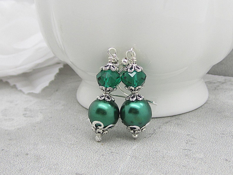 Emerald Green Pearl and Crystal Bridesmaid Earrings, Forest Wedding Jewellery, Dark Green Pearl Drops, Matching Bridal Sets, Crystal Dangles image 2