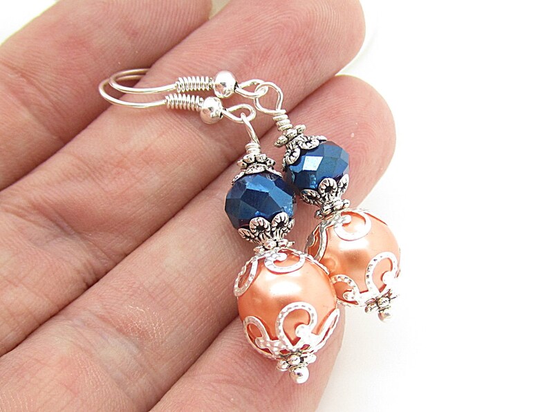 Peach and Navy Bridesmaid Earrings, Navy and Coral Bridesmaid Jewellery, Peach Wedding Jewellery, Crystal Bridal Sets, Beaded Pearl Drops image 7