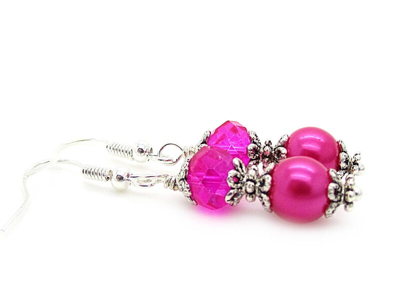 Bright Pink Bridesmaid Earrings, Hot Pink Bridal Jewellery, Pearl Drop Earrings, Fushia Bridesmaids, Pink Bridesmaid Sets, Bridal Party Gift image 7