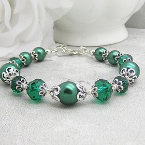 Emerald Green Pearl and Crystal Bridesmaid Bracelet, Forest Bridal Jewellery, Dark Green Wedding Bracelet, Rustic Inspired Bridal Sets image 8