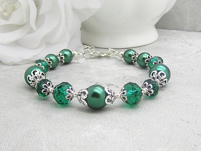 Emerald Green Pearl and Crystal Bridesmaid Bracelet, Forest Bridal Jewellery, Dark Green Wedding Bracelet, Rustic Inspired Bridal Sets image 8