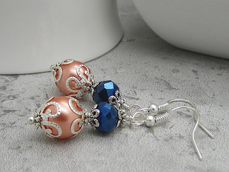 Peach and Navy Bridesmaid Earrings, Navy and Coral Bridesmaid Jewellery, Peach Wedding Jewellery, Crystal Bridal Sets, Beaded Pearl Drops image 6