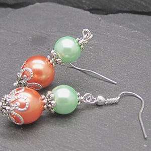 Coral Mint Pearl Drop Earrings, Peach Green Bridesmaid Jewellery, Mint Wedding, Bridesmaid Gifts, Pearl Dangles image 7