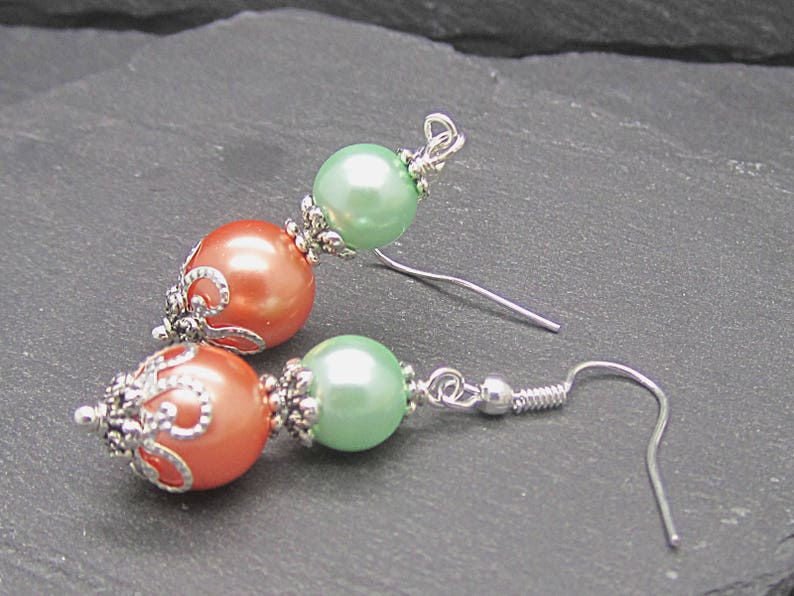 Coral Mint Pearl Drop Earrings, Peach Green Bridesmaid Jewellery, Mint Wedding, Bridesmaid Gifts, Pearl Dangles image 7