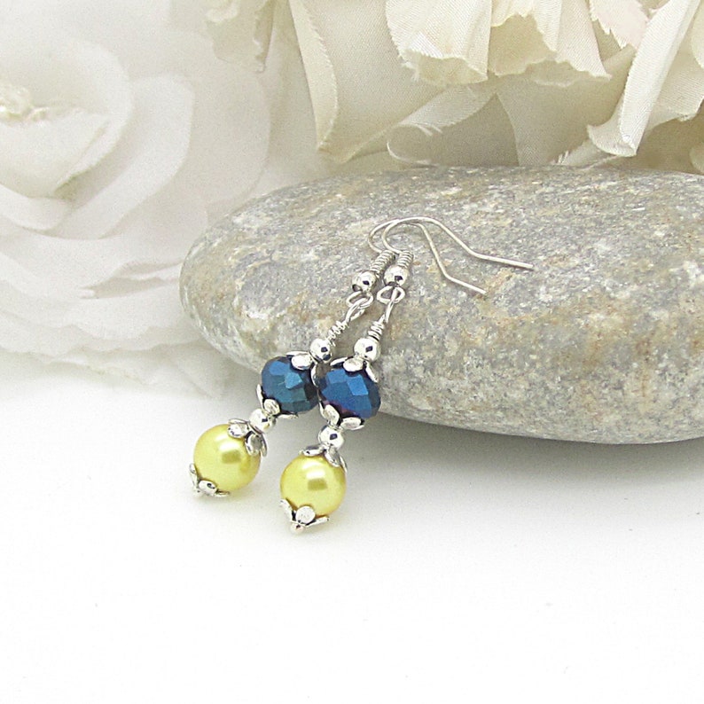 Yellow and Navy Wedding Earrings Navy and Yellow Bridesmaid Jewellery Pearl Drop Earrings Bridesmaid Sets Bridal Party Gifts Canary and Blue image 7