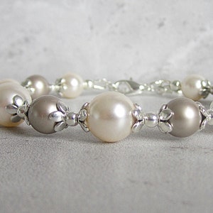 Taupe and Ivory Bridesmaid Bracelet, Taupe Wedding Pearl Jewellery, Beige Bridal Bracelets, Matching Pearl Sets, Platinum and Cream Rose image 8