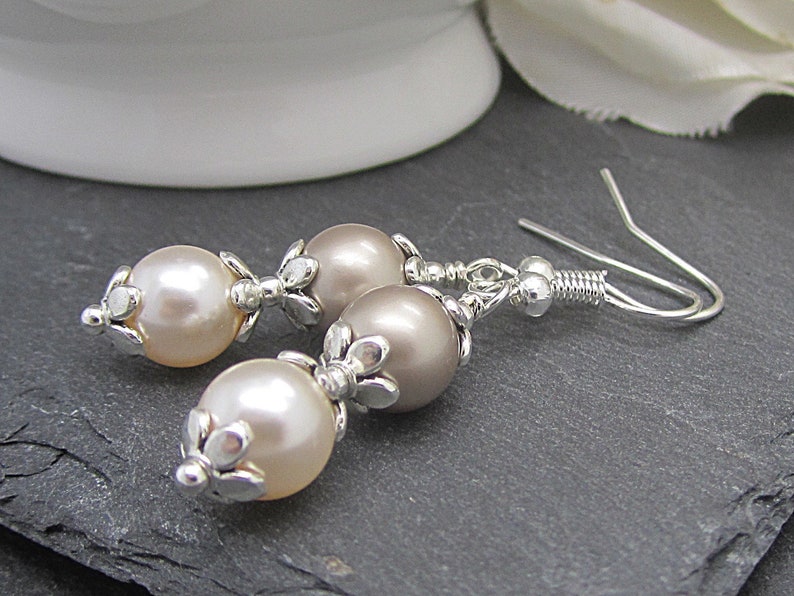 Taupe and Ivory Pearl Bridesmaid Earrings, Beige Wedding Jewellery, Pearl Bridal Earrings, Pearl Drops, Matching Wedding Sets, Cream Rose image 7