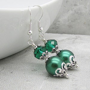 Emerald Green Pearl and Crystal Bridesmaid Earrings, Forest Wedding Jewellery, Dark Green Pearl Drops, Matching Bridal Sets, Crystal Dangles image 7