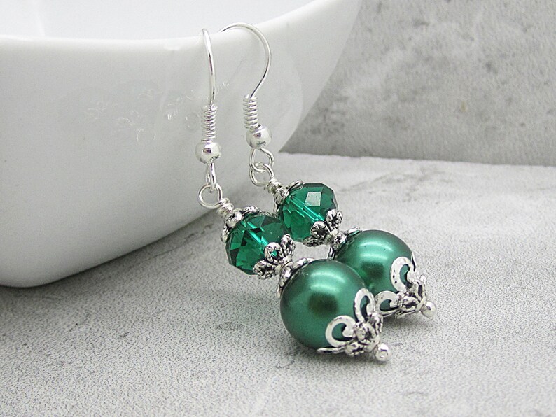 Emerald Green Pearl and Crystal Bridesmaid Earrings, Forest Wedding Jewellery, Dark Green Pearl Drops, Matching Bridal Sets, Crystal Dangles image 7