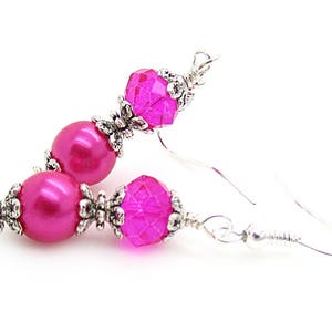 Bright Pink Bridesmaid Earrings, Hot Pink Bridal Jewellery, Pearl Drop Earrings, Fushia Bridesmaids, Pink Bridesmaid Sets, Bridal Party Gift image 2