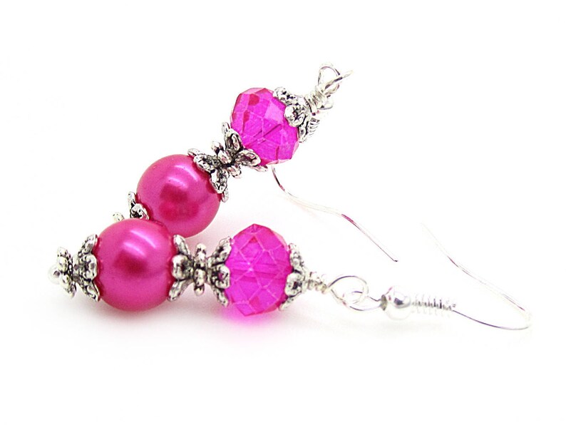 Bright Pink Bridesmaid Earrings, Hot Pink Bridal Jewellery, Pearl Drop Earrings, Fushia Bridesmaids, Pink Bridesmaid Sets, Bridal Party Gift image 2