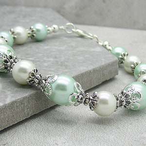 Mint and Ivory Bridesmaid Bracelet, Pearl Wedding Jewellery, Pale Green Bracelet, Mint Wedding, Bridesmaid Gift, Jewellery Sets image 4