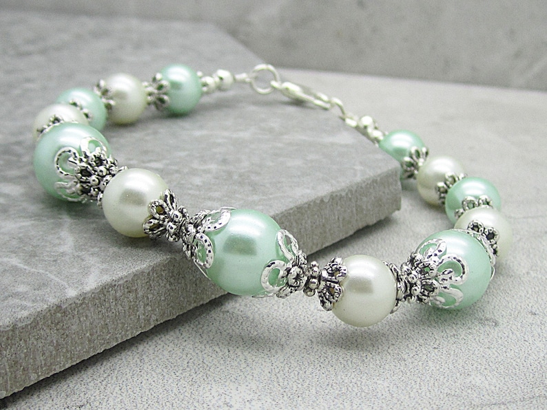 Mint and Ivory Bridesmaid Bracelet, Pearl Wedding Jewellery, Pale Green Bracelet, Mint Wedding, Bridesmaid Gift, Jewellery Sets image 4