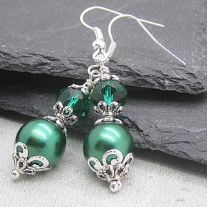 Emerald Green Pearl and Crystal Bridesmaid Earrings, Forest Wedding Jewellery, Dark Green Pearl Drops, Matching Bridal Sets, Crystal Dangles image 1