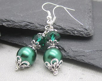 Emerald Green Pearl and Crystal Bridesmaid Earrings, Forest Wedding Jewellery, Dark Green Pearl Drops, Matching Bridal Sets, Crystal Dangles