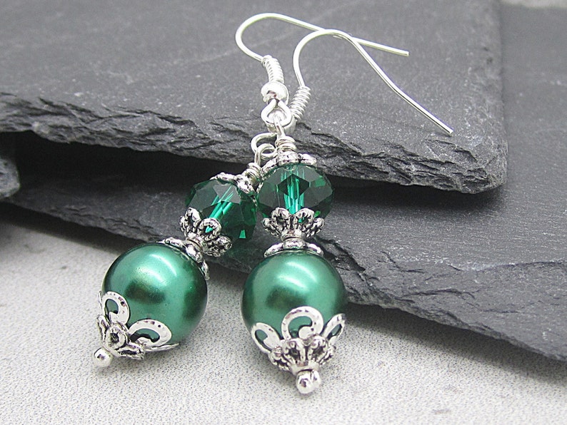 Emerald Green Pearl and Crystal Bridesmaid Earrings, Forest Wedding Jewellery, Dark Green Pearl Drops, Matching Bridal Sets, Crystal Dangles image 1