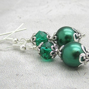 Emerald Green Pearl and Crystal Bridesmaid Earrings, Forest Wedding Jewellery, Dark Green Pearl Drops, Matching Bridal Sets, Crystal Dangles image 4