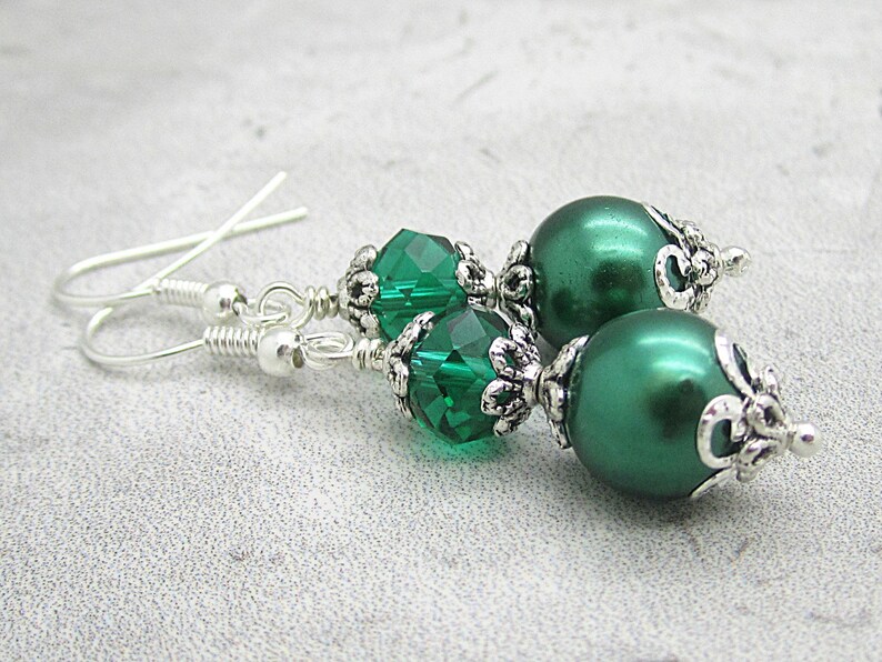 Emerald Green Pearl and Crystal Bridesmaid Earrings, Forest Wedding Jewellery, Dark Green Pearl Drops, Matching Bridal Sets, Crystal Dangles image 4